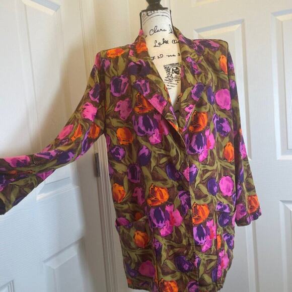 VINTAGE 80’s UNGARO TER BLAZER 100% SILK SZ 8 FLORAL CHIC PREPPY ECLECTIC STYLE - Picture 16 of 16